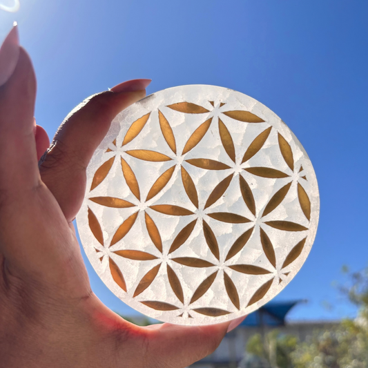 Selenite (Satin Spar) Flower of Life Charging Plate