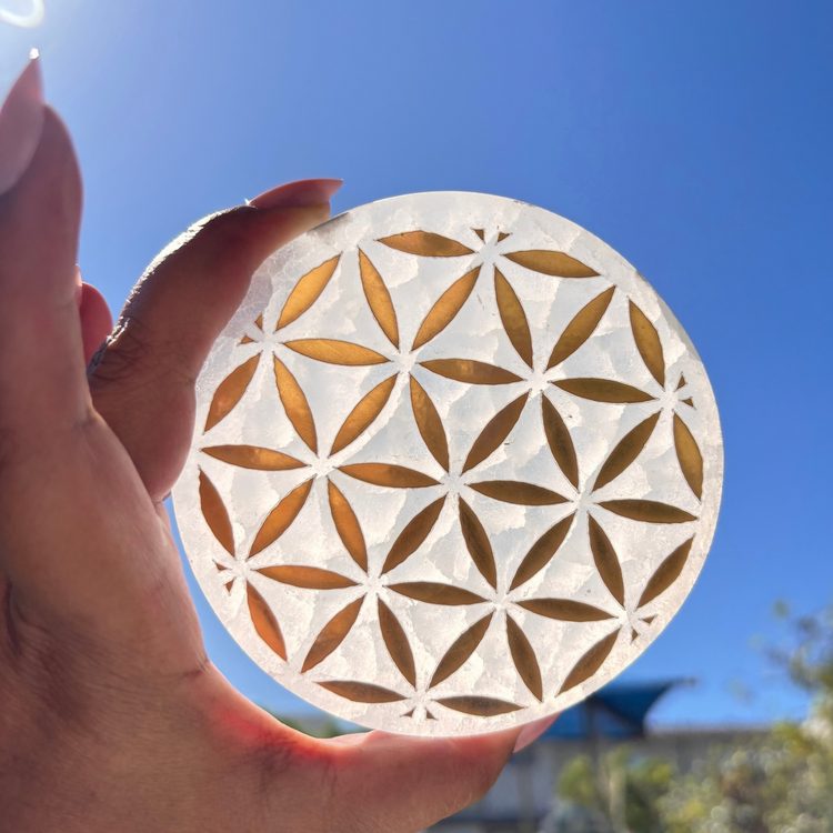 Selenite (Satin Spar) Flower of Life Charging Plate